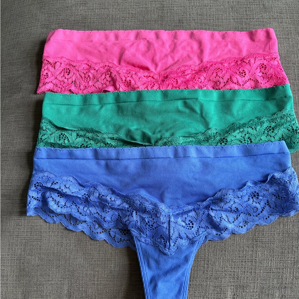Lace Trimmed Panties Set - Pink, Green, Blue